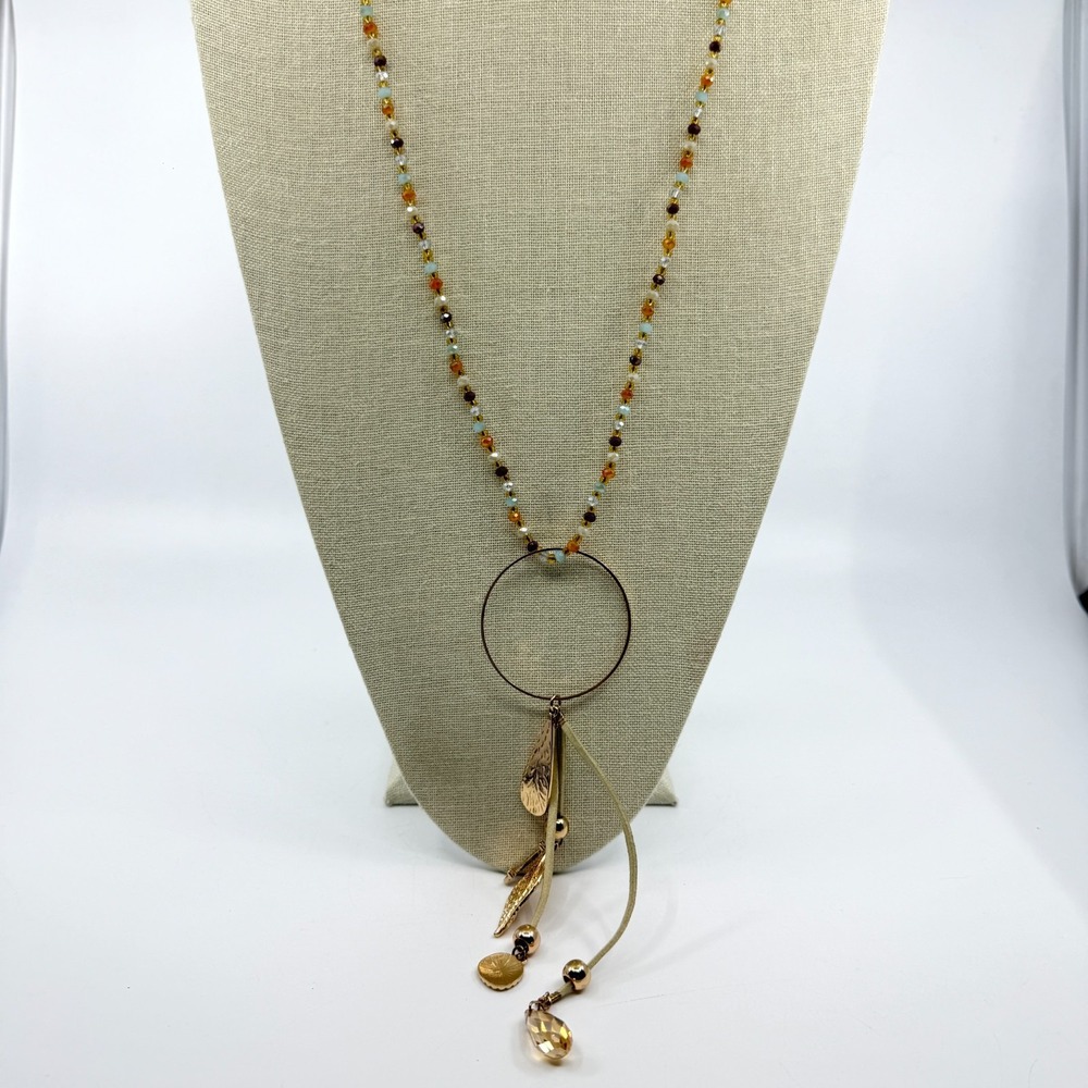 Bohemian Beaded Necklace with Gold Pendant & Earthy Crystal Charm